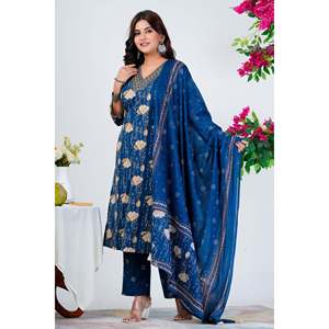 Ensemble Kurta en Chiffon Bleu Printemps/Été avec Encolure Brodée et Dupatta (Manches Trois-Quarts) - Product Image 6