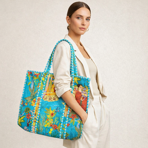 Azure Blue Indian Art Quilted Tote Bag - Artisan Handmade Sustainable <b>Handbag</b> - Product Image 1