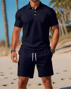 Ensemble deux pièces de sports de plage décontractés pour hommes, ensemble de shorts de sport à taille élastique avec cordon de serrage, haut à revers à bouton de contrôle d'accès - Product Image 2