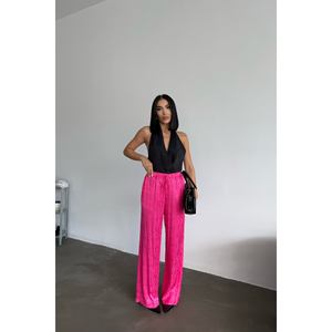 Pantalones de Mujer en Satén Jacquard Color Fucsia - Pantalones Elegantes - Product Image 3