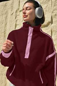 <b>Women</b> Hooded Sherpa Fleece <b>Quarter</b> <b>Zip</b> Sweatshirt Soft Warm Pullover Long Sleeve Contrast Trim Cozy Casual Top Comfy Autumn Wear - Product Image 5