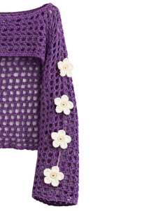 Purple Crochet Crop Sweater For Women Floral Applique Open Knit Long Sleeve Fashion Handmade <b>Winter</b> <b>Top</b> Boutique Style Wear Pro - Product Image 6