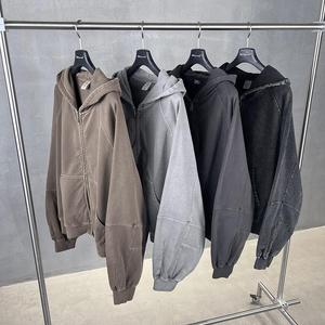 <b>Mens</b> Dark <b>Grey</b> Solid Vintage Wash Oversized Full Zip Hoodie Long Sleeve Casual Streetwear Activewear OEM ODM Wholesale Apparel - Product Image 3