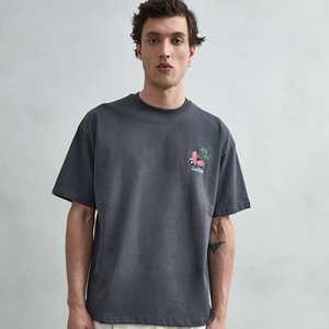 T-shirt a maniche corte in cotone 100% grigio scuro, vestibilità regolare, fantasia floreale, stile casual da vacanza, 240 grammi, anti-pilling - Product Image 1