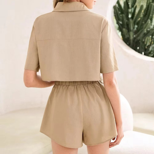 Ensemble de survêtement deux pièces pour femme, haut court et short/pantalon de jogging, en Spandex/Polyester, respirant, décontracté, d'été, avec logo personnalisé, taille haute - Product Image 6