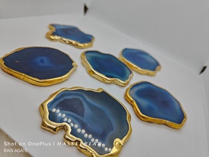 Rais <b>Agate</b> Natural Blue <b>Agate</b> <b>Coaster</b> Polished Gemstone Slice Gold Edge Durable Drink Table Decor Housewarming Gift - Product Image 4
