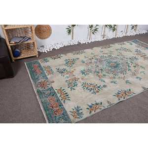 Vintage Turkish Classic Wool <b>Rug</b> 5.3 X 10 ft Beige <b>Blue</b> Floral <b>Large</b> Area Rectangle Patchwork Design Latex for Hallway Room - Product Image 2