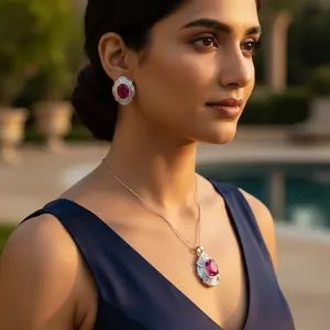 Ensemble de bijoux classiques pour femmes en argent, pendentif en zircon rubis, boucles d'oreilles, perle, diamant, or rose, fleur pour les fêtes, les mariages, les cadeaux - Product Image 3