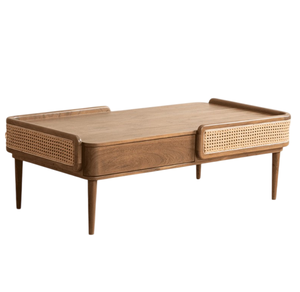 Finition noyer Bois d'acacia massif avec canne Deux tiroirs de rangement Salon moderne Table basse en bois d'acacia fabriquée à la main - Product Image 1