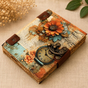 Vintage Floral Cardboard Cover Journal <b>with</b> Antique <b>Lock</b>, 7x5 Handmade <b>Diary</b>, Deckle Edge Paper Notebook - Product Image 3