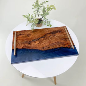 Bespoke Burl Wood Navy Blue Epoxy Resin Serving Tray Rose Gold Handles Luxury Charcuterie Board Decorative Kitchen Platter Gift - Product Image 1