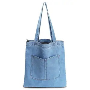 Wholesale Custom Logo Eco Recycled Fashion Denim Fabric Grocery Jean Tote Bags Denim Tote Bag