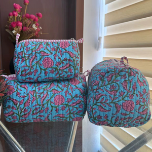 <b>Set</b> of 3 Indian Cotton Floral Print Toiletry Bags Quilted Wash Bag Shaving Kit Vanity Case <b>Travel</b> and Makeup Pouches - Product Image 1