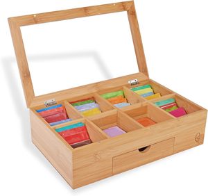 Boîte à thé - Organisateur de rangement pour sachets - Coffret en bois de bambou - Contient 8 compartiments - Livré avec un tiroir - Product Image 6