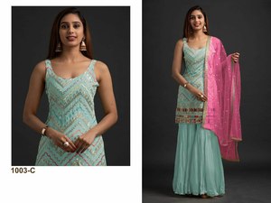 Sensation fraîche confort personnalisé Style Anarkali Faux Georgette tissu manches moins motif à la mode Salwar & Plzzoo ensemble pour femmes ou filles - Product Image 4