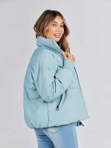 Unisex Light Blue <b>Sheep</b> <b>Skin</b> Cotton Filled Waterproof Eco-Friendly Winter Fleece <b>Jacket</b> Zip Front Hooded Cozy Casual Outerwear - Product Image 3