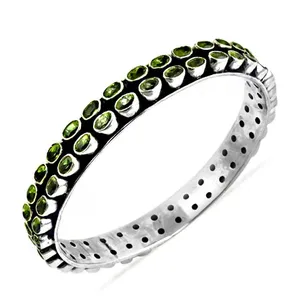 Art Palace 925 Silver Bangle with Natural <b>Peridot</b> Stones Bezel Set Classic Style Unisex Bracelet Everyday Wear From Rajasthan - Product Image 1