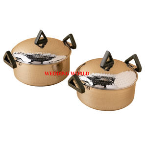 Ensemble de deux marmites à fond épais martelées, polies miroir, faites à la main, design de luxe, forme ronde, chauffe-plats en métal - Product Image 1