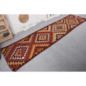 Alfombra Vintage de 2.8x10.8 pies, Alfombra Turca, Alfombra de Lana Floral Roja Marrón - Product Image 1