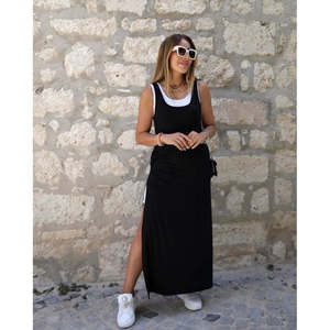 Ensemble robe et débardeur en viscose à bretelles et col rond pour femme avec poches et détail fendu, 36850 - Noir - Product Image 1