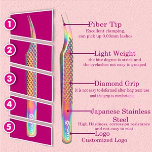 แหนบต่อขนตาปลายไฟเบอร์ รูปทรงปลาโลมา สีรุ้ง ด้ามจับเพชร  โลโก้และขนาดปรับแต่งได้ ออกแบบตามหลักสรีรศาสตร์ - Product Image 1