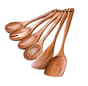 Juegos de utensilios de cocina antiadherentes Cucharas de madera de teca suave de primera calidad para cocinar Juego de espátula para servir de madera Utensilios de madera - Product Image 3
