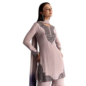 Beige Chinon <b>Beaded</b> Kurta <b>Set</b> with Ombre Dupatta Luxury Designer Festive Outfit for Parties and Weddings - Product Image 3