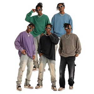 Moda cuello redondo básico Vintage lavado sudaderas 380g hombres desgastados jerséis sueltos - Product Image 2