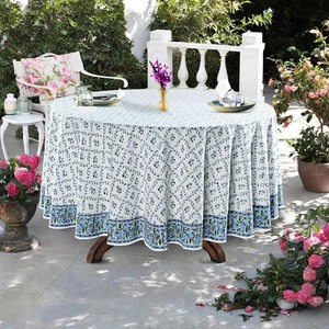 <b>Round</b> Tablecloth Powder and Pigeon Blue Green Indian Hand Block Floral Printed <b>Table</b> <b>Cover</b> Vintage French Tablecloth Home - Product Image 1