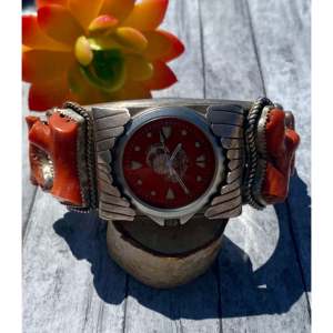 Vintage Southwest Style Natural <b>Red</b> Coral & Sterling Silver Cuff Watch <b>Bracelet</b> Fashionable Cuff <b>Bracelets</b> - Product Image 1