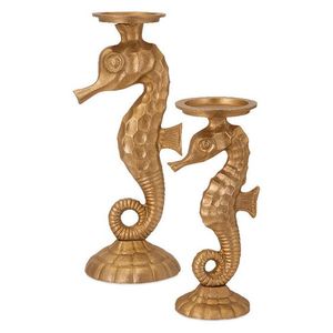 Bougeoir en métal cheval de mer doré Design élégant Ensemble unique de 2 éclairages décoratifs en laiton faits à la main pour la maison - Product Image 1