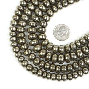 ลูกปัดไพไรต์ธรรมชาติทรงรอนเดลล์ขนาด 9 มม.-10 มม. ลูกปัดไพไรต์ทรงรอนเดลล์สีทองเงาสำหรับทำเครื่องประดับ ความยาว 8 นิ้ว - Product Image 1