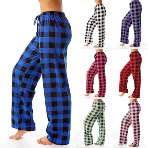 Pantalon décontracté à carreaux extensible avec logo personnalisé pour femmes, respirant, taille élastique, vêtements de maison, pyjama droit pour le sommeil au prix d'usine - Product Image 5