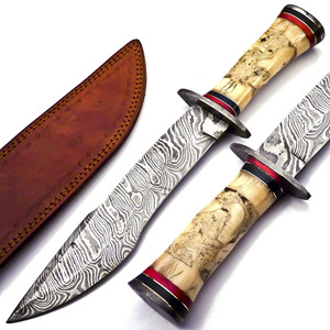 Cuchillo de regalo Hoja de acero de Damasco hecha a mano Cuchillo de caza con refuerzo de Damasco y grabado a mano en hueso y Funda de cuero - Product Image 1