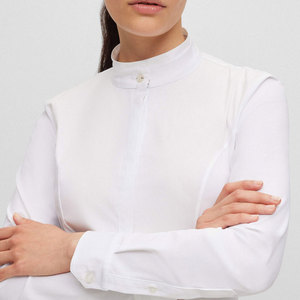 <b>White</b> Long Sleeve High Neck Equestrian Shirt With Black <b>Belt</b> And Trim Details - Product Image 6