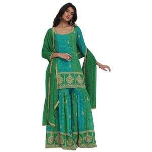 Set di Chinon Bandhani Sharara verde per feste Festive all'ingrosso matrimoni celebrazioni culturali e massa etnica tradizionale - Product Image 2