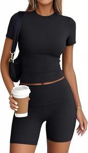 Nouveau style conception personnalisée Logo impression par transfert de chaleur grande taille étanche femmes 2 pièces ensembles d'entraînement tenues de gymnastique courtes ensemble de yoga - Product Image 3