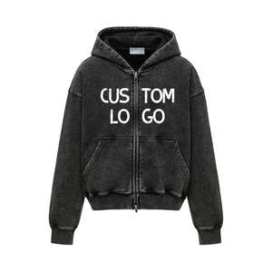 Veste à capuche délavée style court personnalisée 350GSM 100% coton éponge française lavage à l'acide fermeture éclair brodée écologique hommes - Product Image 5