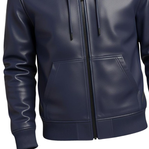 Sweat à capuche en cuir bleu marine de haute qualité, veste à capuche en simili cuir premium, fermeture éclair intégrale, streetwear décontracté d'hiver, fournisseur en gros - Product Image 3