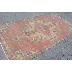 Turkish 4.2x8.1 ft Rug, Area Vintage Rug, <b>Red</b> Pink Patchwork <b>Wool</b> Rug - Product Image 3