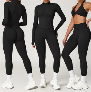 Women's Breathable Seamless Plus Size <b>Yoga</b> <b>Jacket</b> 3-Piece Set Long Sleeve Zip-Up Fitness High Waist Leggings Quick Dry - Product Image 1