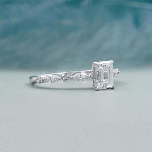 IGI Certified Emerald Cut Engagement <b>Ring</b> with Pave <b>Diamond</b> Band White Gold-<b>Diamond</b> <b>Rings</b> - Product Image 3