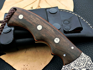 Cuchillo rastreador de acero inoxidable hecho a mano con mango de madera y Funda de cuero fino, cuchillo de supervivencia artesanal, cuchillos para acampar - Product Image 2