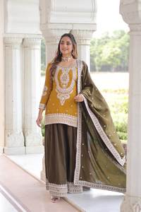 Ensemble Sharara pour femmes, style ethnique indien, en soie NC, avec sequins, broderie, extensible, infroissable, séchage rapide, coupe ample - Product Image 3