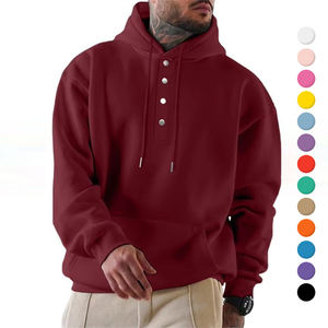 <b>Mens</b> 2026 custom logo Cotton Fleece Embroidery Plain Hooded Button Collar Drawstring Hoodies <b>Pullover</b> Hoodies - Product Image 1
