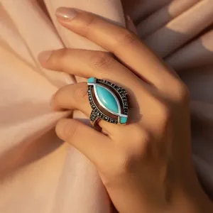 Anillo de Cóctel Geométrico con Turquesa, Unisex, Plata de Ley, Estilo Art Deco, Joyería Delicada con Incrustaciones de Turquesa en Forma de Marquesa - Product Image 1