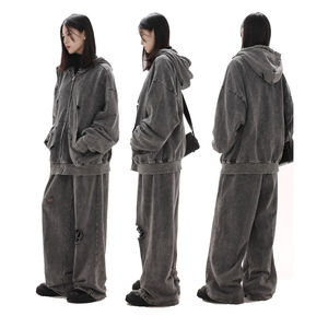 Ropa de calle personalizada para hombre, conjunto de chándal desgastado lavado con ácido, 100% algodón, cremallera, Sudadera con capucha, pantalón acampanado, chándal estampado, Invierno - Product Image 6