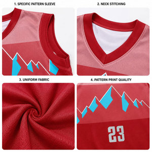 Ensemble de maillot de basket-ball personnalisé sublimé, rouge, col en V, sans manches, respirant, en mesh, avec le numéro 23 et un motif montagne - Product Image 6