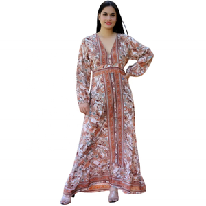 Robe longue en soie taille unique, coupe trapèze, col en V, manches longues, motif floral, cachemire et pois, lavable, écologique, tissée, pour l'été et l'automne - Product Image 1