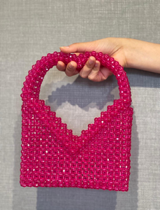Shimmering holographic light <b>pink</b> beaded box <b>clutch</b> with a flap closure and single carry handle, available at wholesale prices. - Product Image 4